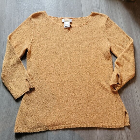 Vtg Talbots Womens S Textured Knit Sweater Gold 3/4 Sleeve Keyhole Button Detail - Picture 2 of 8